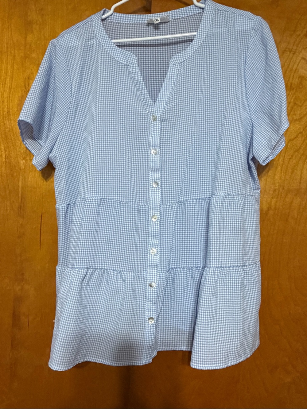 Chic Soul Light Blue Gingham Button-Front Tiered Top